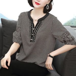 Women Spring Summer Style Shirts Shirts Lady Casual Style Style V-Neck Half Lantern Lantern Plaid Blusas Tops DD8806 210308