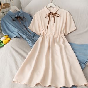 Dress Women Chiffon Bow Solid High Waist Turn-down Collar Preppy Style Kawaii Ulzzang Temperament Girls Summer Holiday 220409