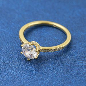 Shine Gold Plated Sparkling Crown Solitaire Ring med Clear CZ Fit Pandora Jewelry Engagement Wedding Lovers Fashion Ring