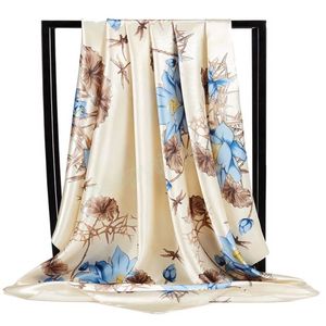 Fashion Flower SunSlecreen Bandanas Prind Square Shawls Lenço de lenços de seda Four Seasons 90x90cm