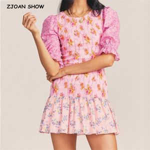 2022 Romantic Puff Sleeve Floral Body Elastic Ruched Mini Dress Woman Spliced Wood ears Ruffles Hem Package Hips Holiday Robe 220511