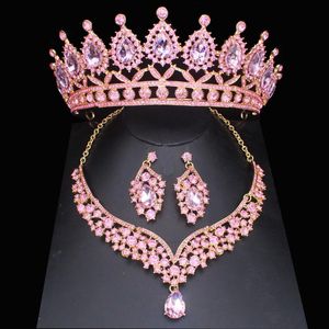 Ohrringe Halskette Rosa Kristall Hochzeit Brautschmuck Sets Frauen Gril PrincessTiara Krone Ohrring Pageant Prom ZubehörOhrringe