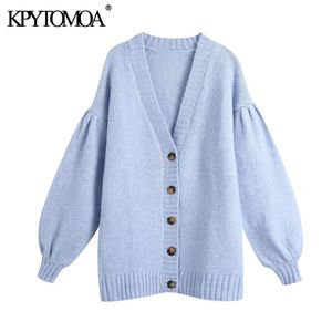 KPYTOMOA Women Fashion With Buttons Oversized Knitted Cardigan Sweater Vintage Lantern Sleeve Female Outerwear Chic Tops 210204