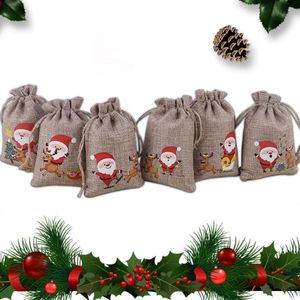 Christmas Decorations 5Pcs/Set Goodies Bag Drawstring Dust Proof Imitation Linen Tiny Jute Burlap Themed Printed Candy Pouch Party SuppliesC