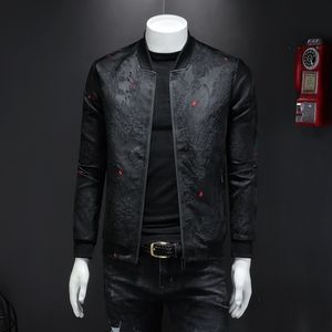 Spring Autumn Men Casual Ournat Flat Flower Slim Fit Wzór Bomber 4xl Puff Jacquard Black 220727