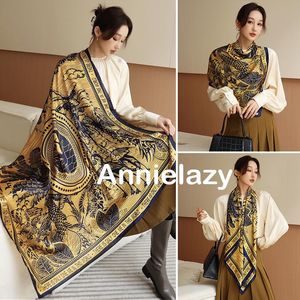 110 110 cm Luxury Brand Silk Scarf Women Square Print Shalw Wrap Hijab Scarves Female Bandana Satin Head Beach Pareo Stoles