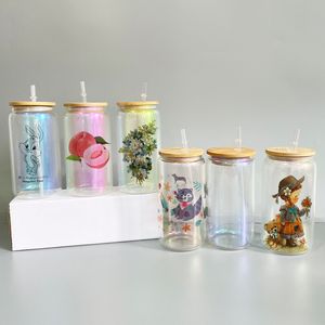 16 Blank Sub Iridescent Can Glass Tumblers With Lid Sublimation Laser Frosted Cola Beer Can Beverage Bottles DIY Heat Transfer Cups