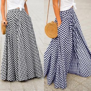 Womens Long Skirts 빈티지 격자 무늬 체크 스커트 지퍼 주름진 Faldas Bohemian Jupe Femme 캐주얼 포켓 맥시