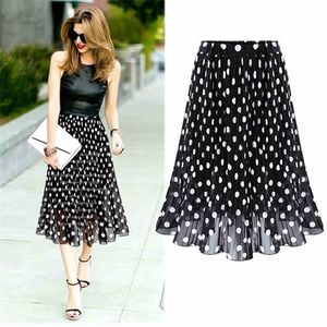 Kvinnors Svart Vit Tulle Polka Dot Chiffon Pläterad Sommar Kjolar Casual Vintage Koreansk Midi Flared För Ladies Elastisk Elegant 220317