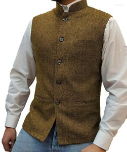 Gilet da uomo Gilet da uomo Marrone a spina di pesce in lana Tweed Colletto alla coreana Gilet slim fit Costumi da sposo Abbigliamento per uomo Matrimonio Stra22