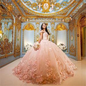  Pembe Quinceanera Elbiseler Çiçekler Sevgiliye Tatlı 15 Kız Prenses Elbise Vestidos De Balo 2022 Abiye