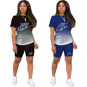 ブランドデザイナーの女性ジョギングスーツプリントカジュアルトラックスーツサマー2ピースセット半袖Tシャツとバイカーショーツプラスサイズ2XLスポーツウェアブルー4928