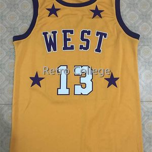 XFLSP # 13 Wilt ChamberLain 1972 All Star West Yellow Basketball Tribersys White Navy Blue Вышивка Вышитые Персонализированные пользовательские Любое имя