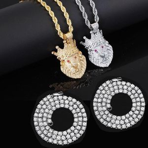 Pendant Necklaces Gold Color Cuban Crown Lion & 4mm Tennis Chains With Red Eye Full Iced Out Cubic Zirconia Hiphop Necklace JewelryPenda