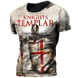 Męskie koszulki Vintage Knights Templar 3D Print Męska koszulka Tyska Letnia oddychająca załoga poliestrowa luźna koszulki z krótkim rękawem