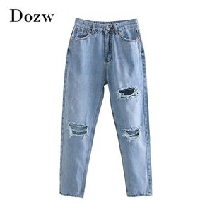 Kobiety pełna długość eleganckie dziury dżinsy retro zbite spodnie Pencil Pants Lady Zipper Fly Blue Kolor Spodnie Femme Pantalon 210515