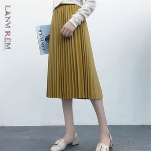 Lanmrem Autumn Fashion Pu Leather Pleated kjol Elastisk hög midja allmatch kvinnor bottnar YF342 210306