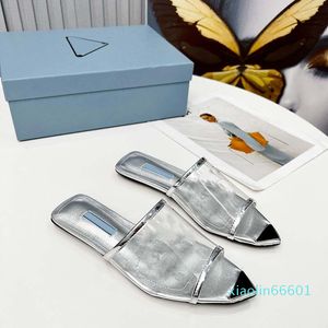 Fashion-Womens Leather Metal Slippers Stamped Sandals Printed Plexiglas Silver Slides Mules Classic Mules Retro Shoes Flip Flops Loafers