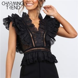 Women Lace Tanks Tops Openwork V-Neck Backless Sleeveless short Summer Black Banquet Elegant Female Party Caim 220318