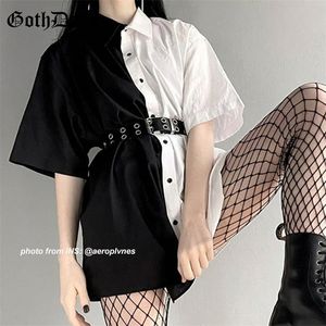 Goth koyu gevşek yüksek bel mini elbise patchwork yaz moda gotik kadınlar elbise turnown yaka gündelik parti elbiseler 90'lar T200604