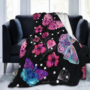 Battaniyeler Yumuşak Sıcak Flanel Battaniye Pembe Çiçek Kelebekleri Koyu Baskı Seyahat Taşınabilir Kış Atlı Yatak Kanepe Blanketblankets