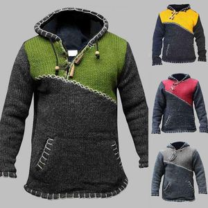 Cow Horn Buckles Knitted Hoodie Knitted Sweaters Pullovers Jumpers Knitwear Patchwork Front Pocket Sweatshirt Sweater Pullovers 220813