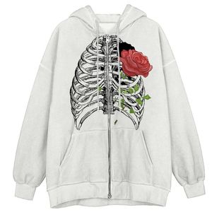 Damenjacken Damen Gothic Sternum Rose Print Kapuzenpullover mit Kordelzug, Reißverschlusstasche, langärmeliger Mantel, lockere Jacke für Teenager und Mädchen, Damen