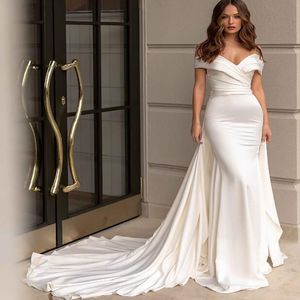 Vestido de noiva de 2 em 1 sereia com trem destacável elegante fora do ombro de cetim Boho Beach Vestres de noiva Dubai 2022 Vestidos de Novi Robe Mariage