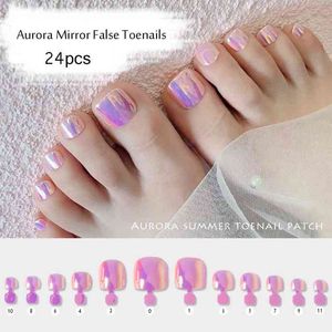 Unhas Falsas Nas Unhas Dos Pés venda por atacado-24 pc Aurora Mirror Toe Nails Fake Girls Square Press On For Foot Articficic Acrílico Falso Toenails Destacável W220326