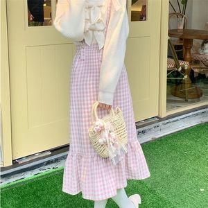 HOUZHOU Kawaii Woolen Pink Plaid Mermaid Skirt Women Autumn Japanese Sweet Elegant High Waist Slim Strap Long Skirts Soft Girl 220317