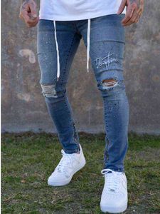 Herren Jeans Skinny Destroyed Ripped Broken Punk Hosen Homme Hip Hop JeansMode Streetwear Vintage Blau Grau Weiß Farbe G0104