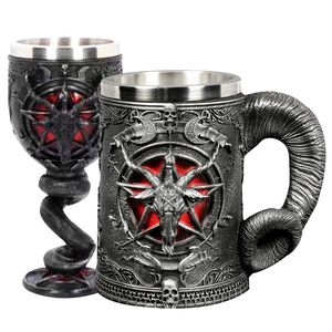 Middle Ages Pentagram Horn Beer Mug Resin hand painted & polished stainless steel liner Cool Cup Gothic Kitchen Bar Decor 220727