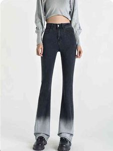 High Waist Black Gradient Micro Flared Jeans Women Summer New Casual Slim Fit Design High Street Horseshoe Denim Pants Female L220726