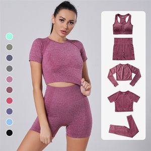 2pcs/3pcs Yoga Set For Women Gym Suit Short Sleeve Fitness Wear Workout Clothing Seamless Leggings Sportswear Tracksuit 220428