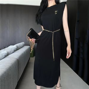 Designer Brand Womens Slit Dresses With Waist Chain Gold Thread Embroidery Letter Long Skirts Summer Party Dress
