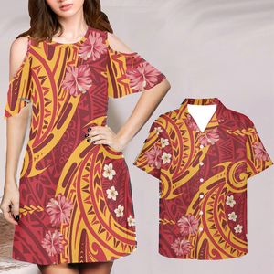 Beach Party Boho Women Off The Shoulder Dress and Men Summer Shirt Orange Hibiscus Plumeria Vestidos 4xl Free Dropship 220627