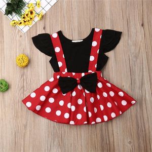 Roupas conjuntos de roupas meninas babacas de babados com camiseta sem mangas menina bowknot ponto vermelho suspenso roupas de saia