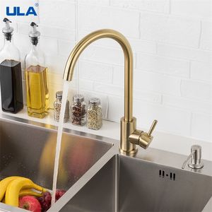 ULA Kitchen Faucet Gold Stainless Steel 360 Rotate Tap Deck Mount Cold Water Sink Mixer Taps Torneira 220401