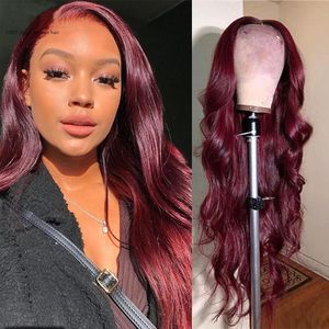 Brazilian Human Hair 13X4 Lace Front Wig 99J Body Wave Pure Burgundy Color Peruvian Malaysian Wigs 10-32inch 150% 180% 210% Density