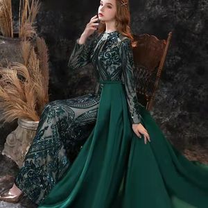 2022 Hunter Green Mermaid Evening Dresses for African Women Long Sexy Side High Split Shiny Beads Long Sleeve Formal Party Illusio287k