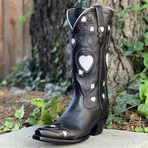 Cowgirl-Westernstiefel für Damen mit Herz-Marken-Cowboy-Stickerei, bequeme modische Mittelkalb-Schuhe in Übergröße 220810