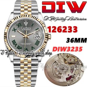 DIWF DIW126233 SA3235 Otomatik Erkekler İzle 36mm İki Ton Sarı Altın Yivli Çerçeve Gri Yeşil Roman Kadranı 904L Jubileesteel Bilezik Süper Baskı Sonsuzluk Saatleri