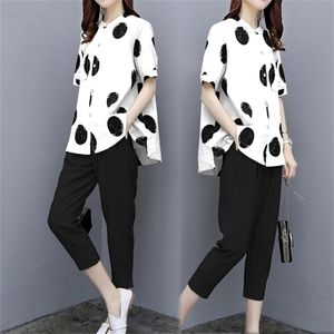 Outfit a 2 pezzi bianchi per le donne che abbinano la parte superiore a pois e pantaloni per pantaloni taglie forti estate coordinate set abbigliamento 210331 210331