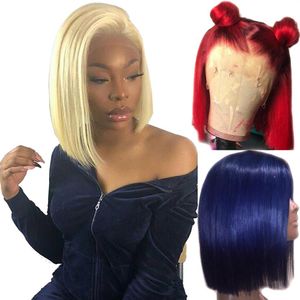 Wholesale 13x6 bob wig resale online - 613 Blonde x6 Lace Front Wig Blue Colored Remy Red Human Hair Full Ends Transparent Frontal Closure Swiss Lace Short Bob Wigs236Y