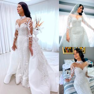 3D Floral Mermaid Wedding Dress 2022 Long Sleeve Sheer High Neck Sexy Backless Boho Dresses Bridal Gowns Robe De Mariage Vestido Novia