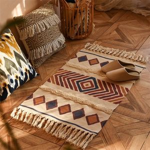 60x90 cm Retro Bohemian Hand Woven Tassel Carpet For Home Living Room Window Bedside Linen Rug Tabler Runner Door Mat Home Decor