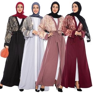 Etnik Giyim Dubai Pullu Tassel Müslüman Abaya Maxi Elbise Açık hırka İslami Jilbab Robe Kimono Arap Patchwork Elbiseler Kemer Fashio ile