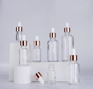 Hurtownie Clear Serum szklane butelki kroplowe 5ml 10 ml 15 ml 20 ml 30 ml 50 ml 100 ml z różową złota pokrywa do olejków eterycznych SN4517