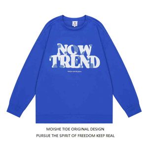 Moishe Tide Brand Klein Blue Letter Flocking Round Neck tröja för män Löst ins hiphop -päls