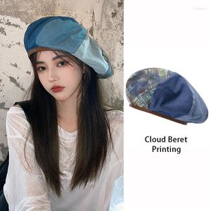 Berets Denim Women's Cap For Female Retro Print Blue Cloud Big Hat Winter Accessories Solid Flat Kpop Felt Girl Beret BLM011Berets Oliv2